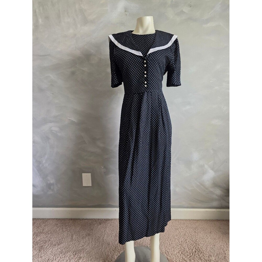 Vtg Black and White Polka Dot Sailor Style dress Pearl Button Sz 8